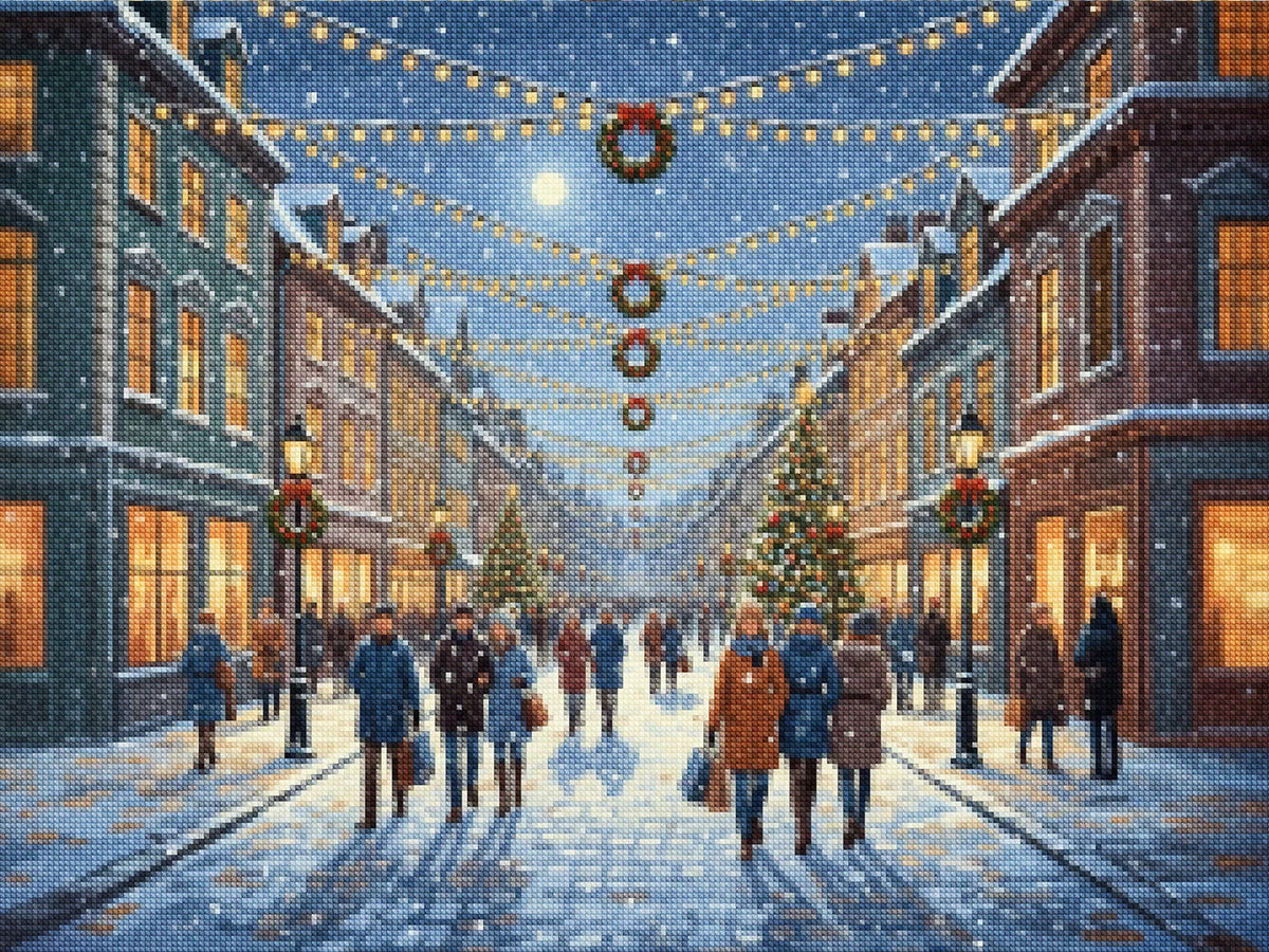 Diamond Painting - Feestelijke straat met hangende kerstverlichting