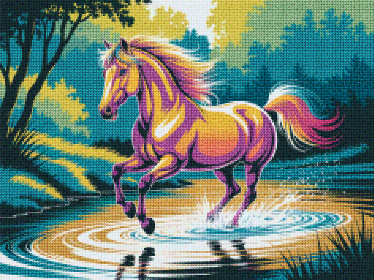 Diamond Painting - Kleurrijk paard galoppeert door water
