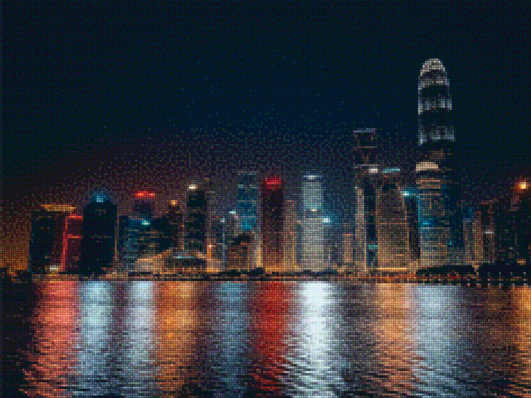 Diamond Painting - Nachtelijk stadsgezicht met reflecties op het water