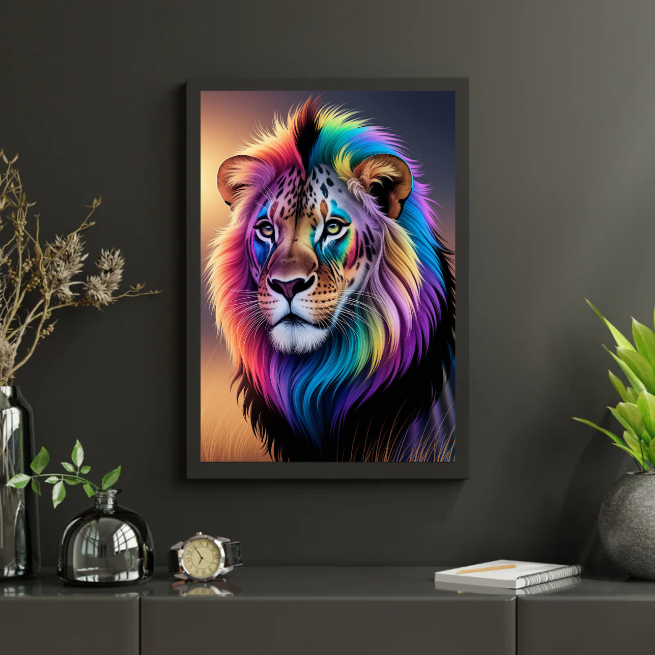 Diamond Painting - Regenboog leeuwengezicht met heldere, wervelende kleuren