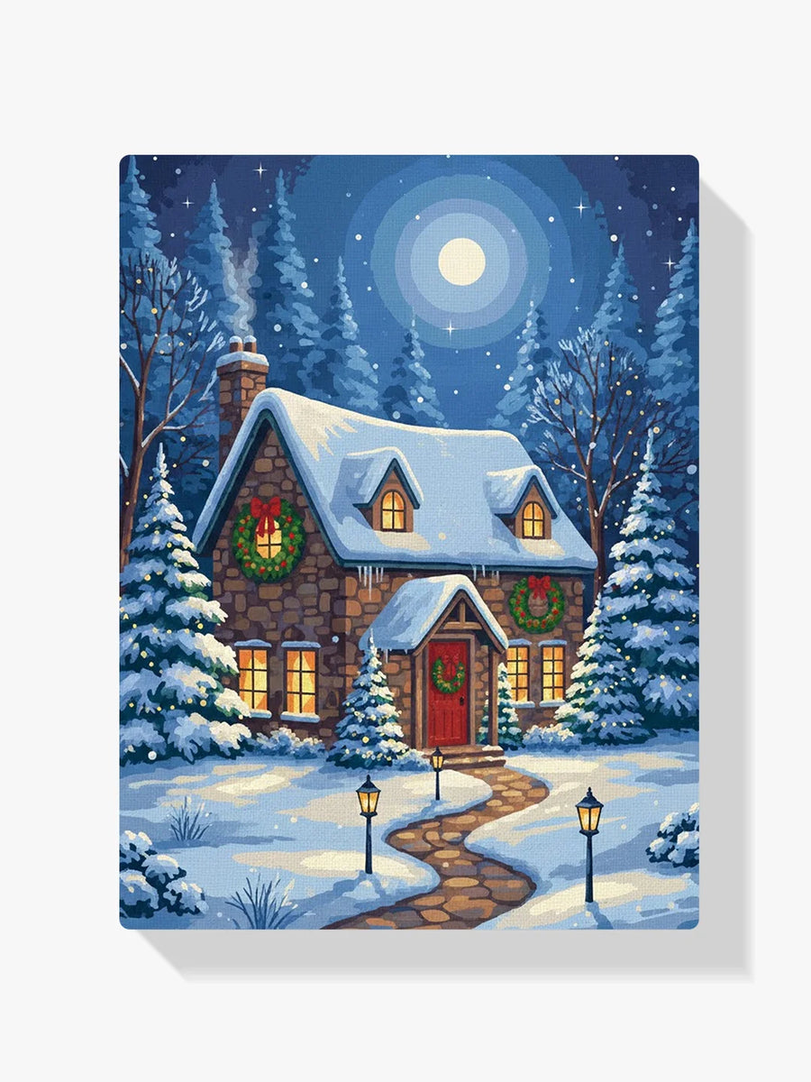 Diamond Painting - Winterhuisje met kerstkransen