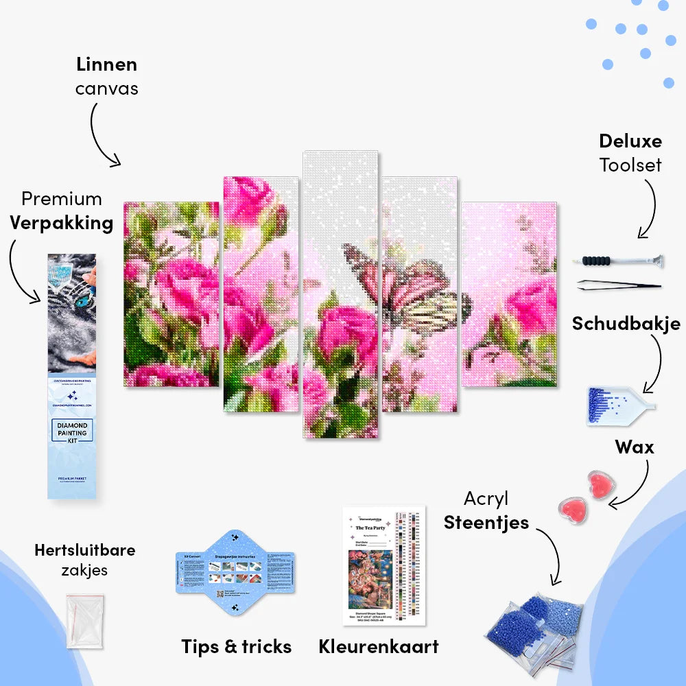 Diamond Painting Vlinder met roze bloemen 5 luik - SEOS Shop ®