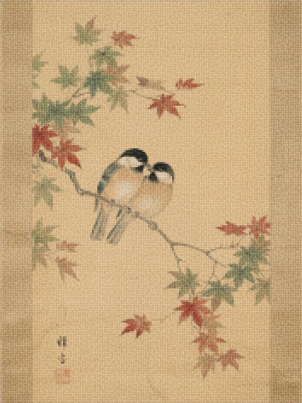 Diamond Painting - Twee vogeltjes tussen esdoornbladeren (herfst)