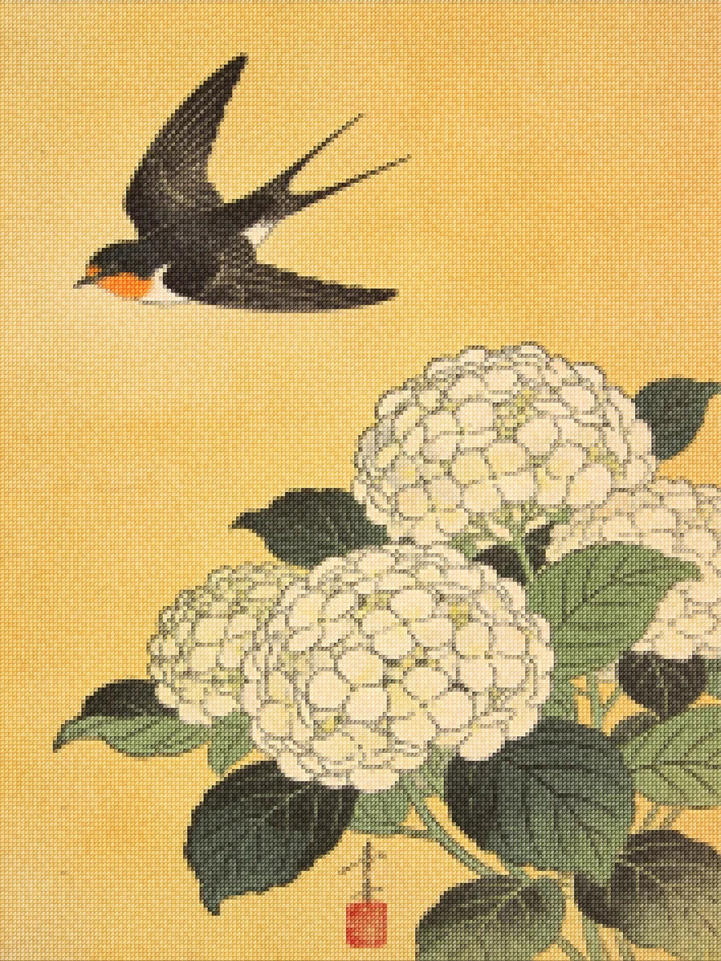 Diamond Painting - Zwaluw boven witte hortensia’s