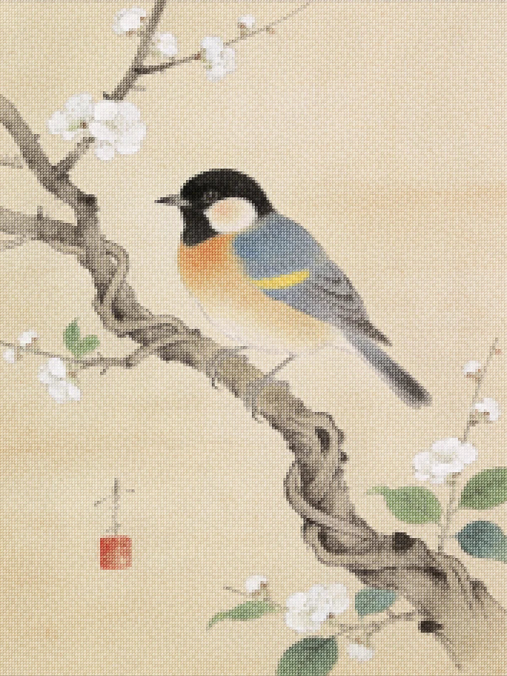 Diamond Painting - Koolmezen op bloesemtak van Ohara Koson