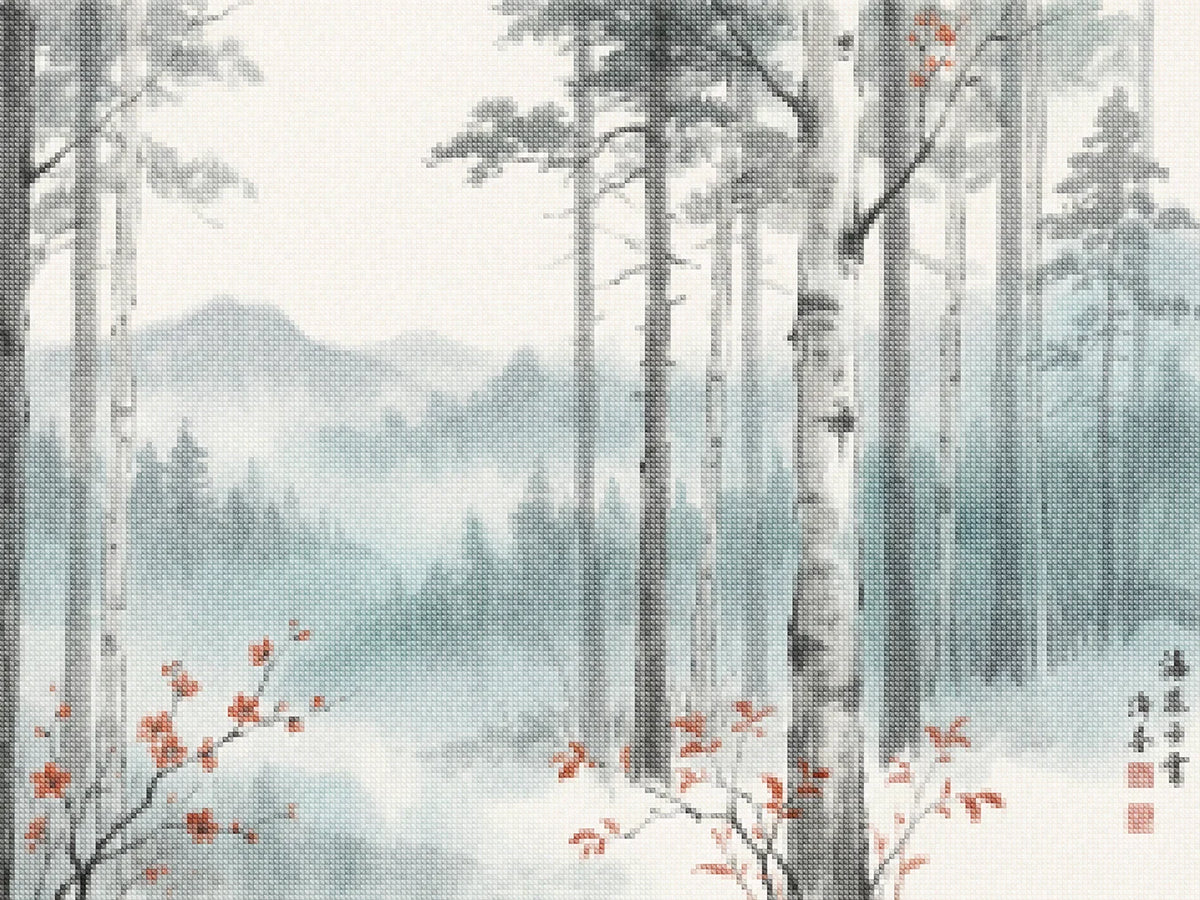 Diamond Painting - Berkenbos in mist met rode accenten