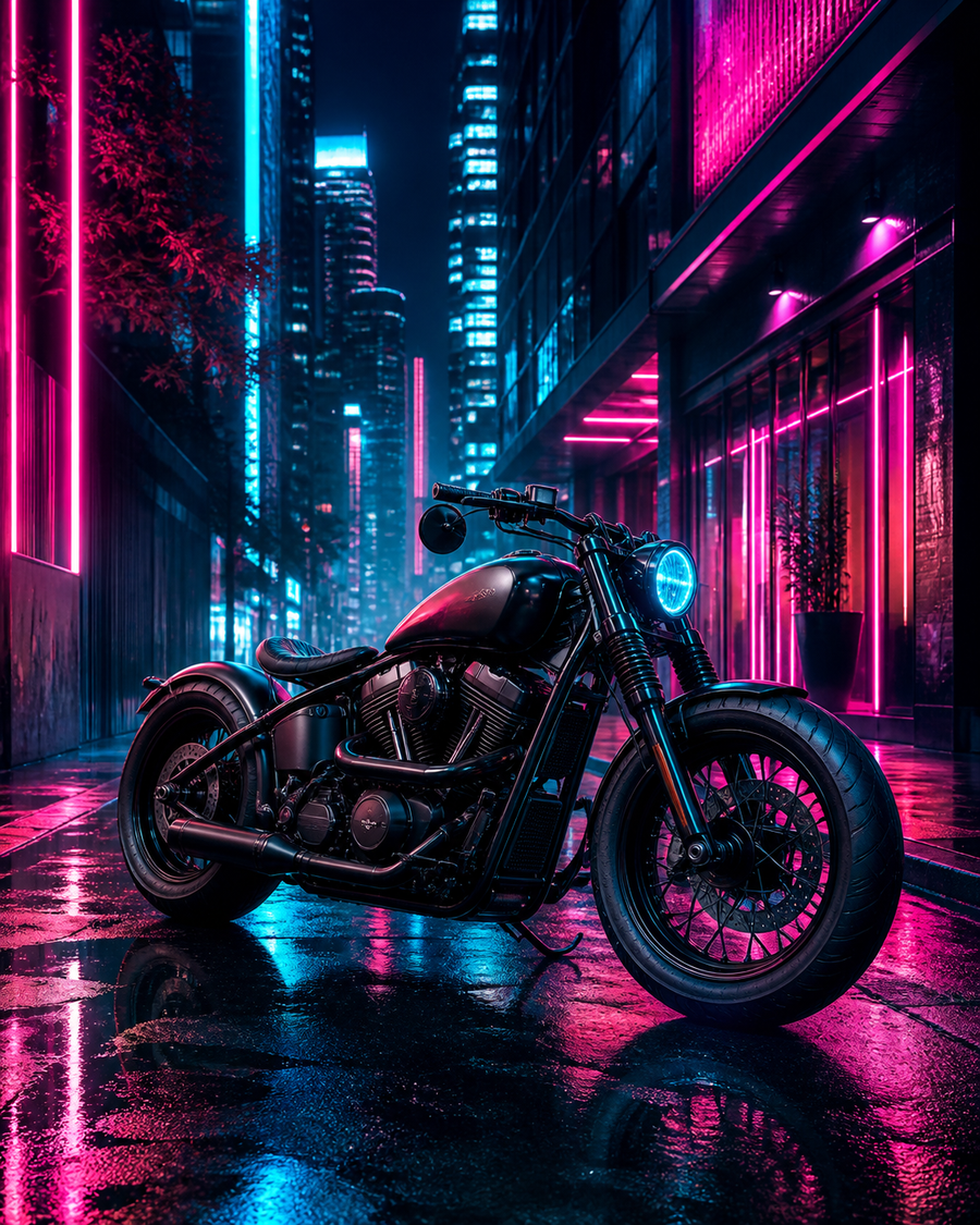 Diamond Painting Bobber onder Neonlicht – een lage merkloze bobber geparkeerd in een moderne straat met abstract neonlicht