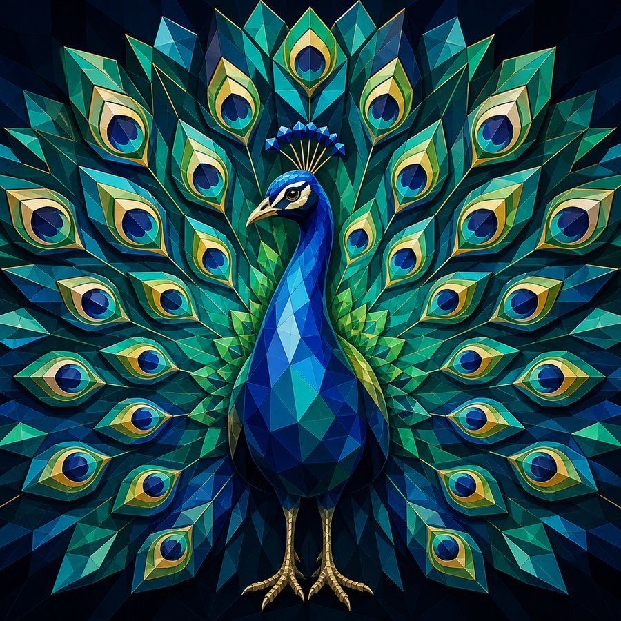 Diamond Painting Geometrische Pauw in Teal – een geometrische pauw in teal, jade en donkerblauw