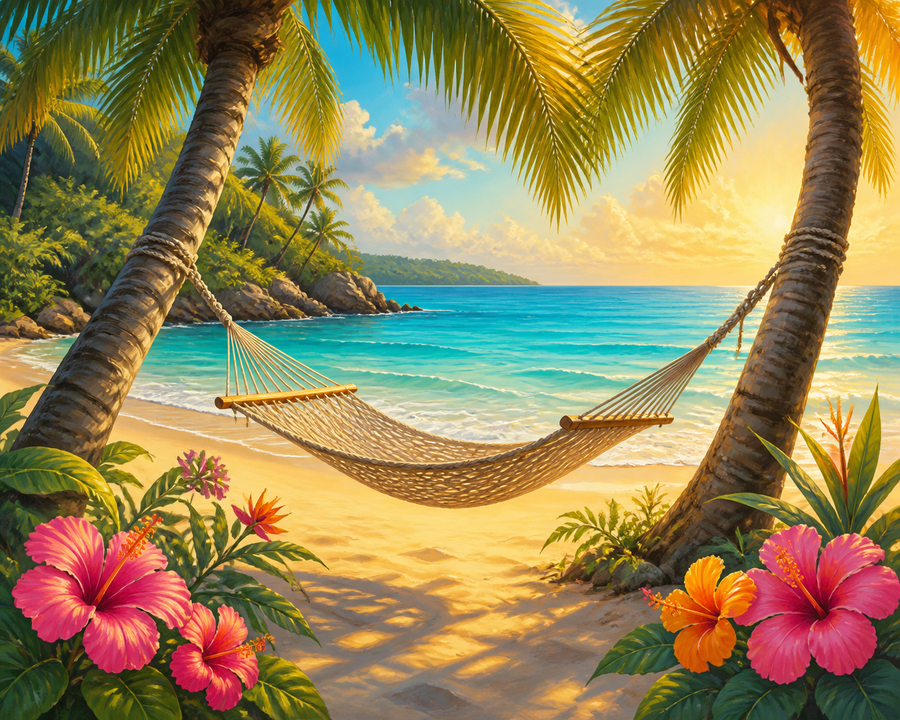 Diamond painting ontwerp met hangmat op een tropisch strand