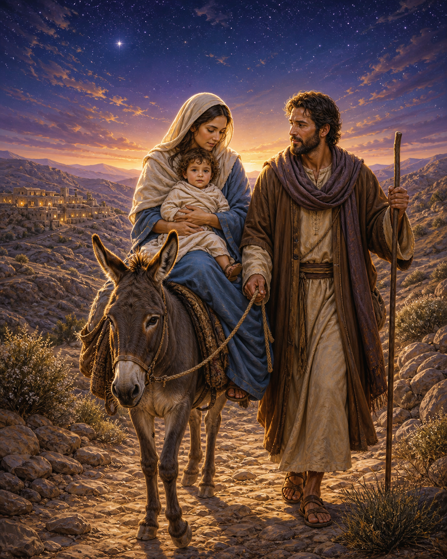 Diamond Painting Jezus als Kind op Reis naar Egypte – Maria, Jozef en kind Jezus reizen door een avondlijk woestijnlandschap met een ezel