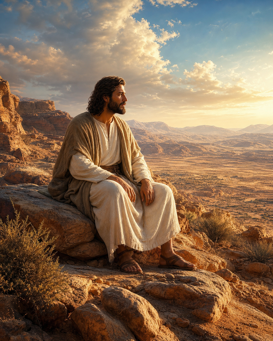 Diamond Painting Jezus in de Woestijn – Jezus alleen op een uitgestrekte woestijnvlakte tussen gelaagde rotsen en een lichte hemel