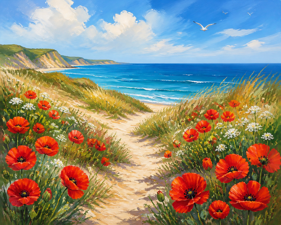 Diamond painting ontwerp met klaprozen langs het duinpad