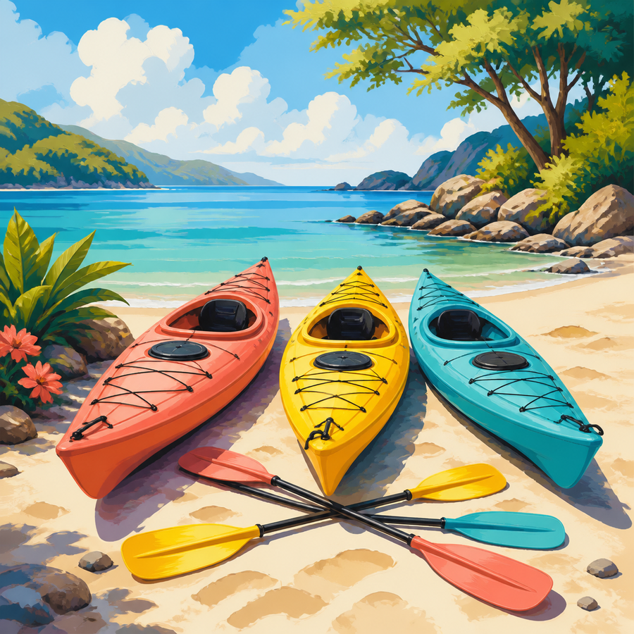 Diamond painting ontwerp met kleurrijke kajaks op het strand