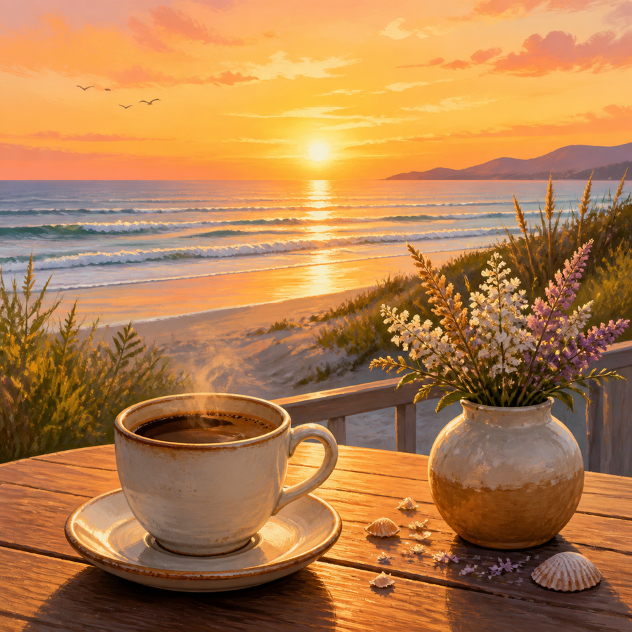 Diamond painting ontwerp met koffie bij ochtendzicht op zee