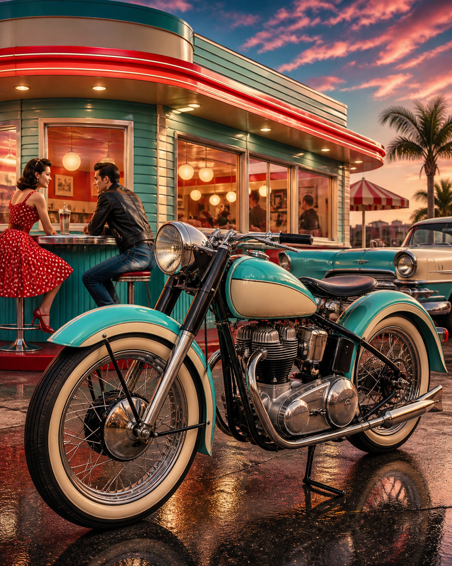Diamond Painting Motor bij het Retrodiner – een merkloze klassieke motor voor een origineel jaren-vijftig-diner zonder tekst of logo