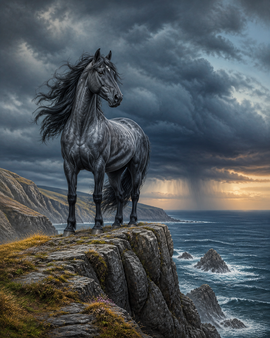 Diamond Painting Paard op de Stormklif – een donkergrijs paard op een zeeklif onder een stormlucht