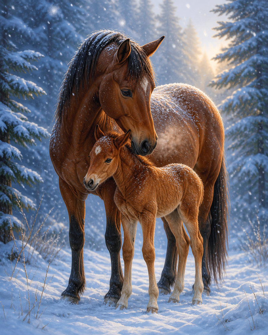 Diamond Painting Paard en Veulen in de Wintersneeuw – een merrie die haar veulen beschermt in de sneeuw