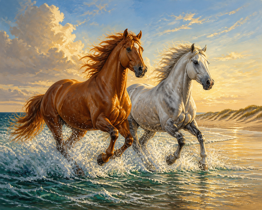 Diamond painting ontwerp met paarden door de branding