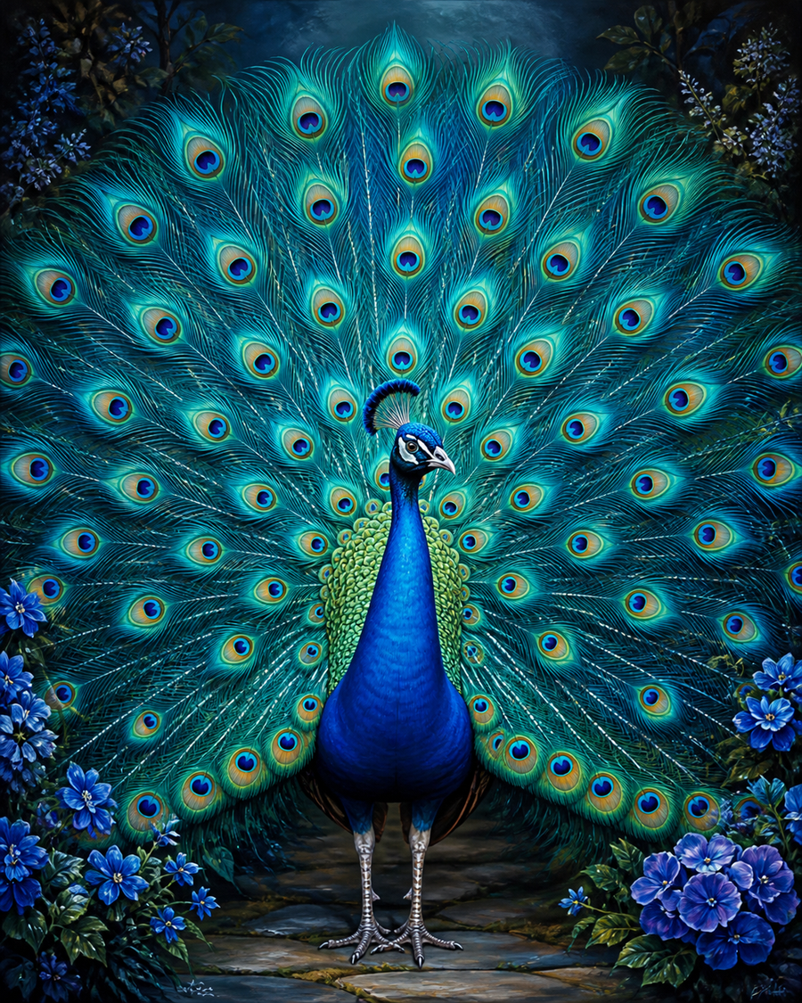 Diamond Painting Pauw met Saffierblauwe Veren – een pauw met saffierblauwe en turquoise veren