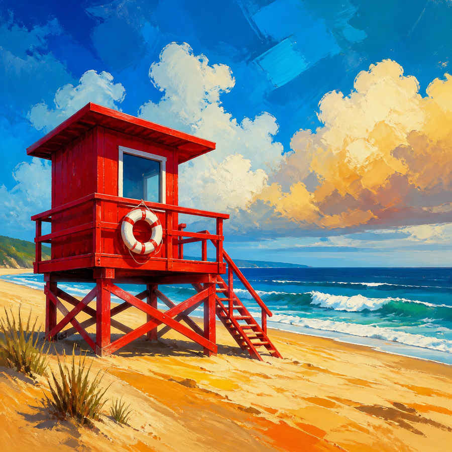 Diamond painting ontwerp met rode reddingspost aan zee