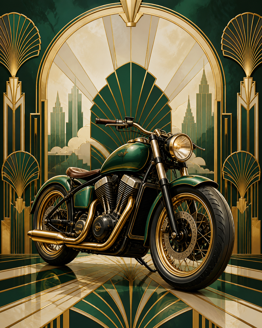 Diamond Painting Smaragden Art-decomotor – een gestileerde merkloze motor omlijst door symmetrische art-decovormen en waaiers