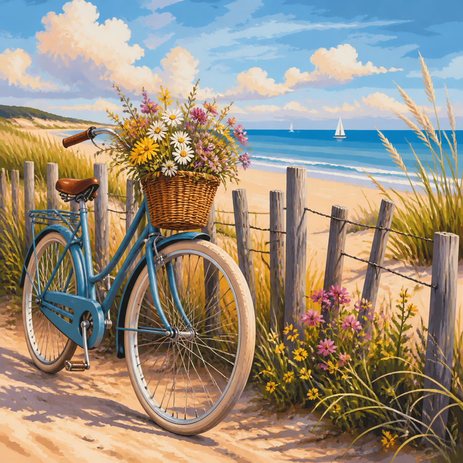 Diamond painting ontwerp met strandfiets bij het duinhek