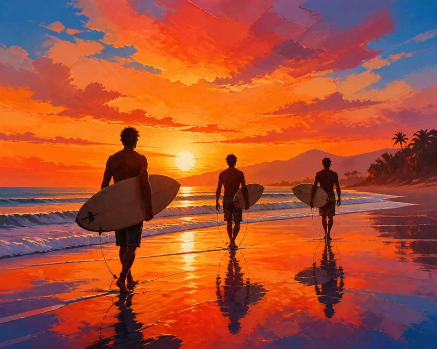 Diamond painting ontwerp met surfers bij zonsondergang