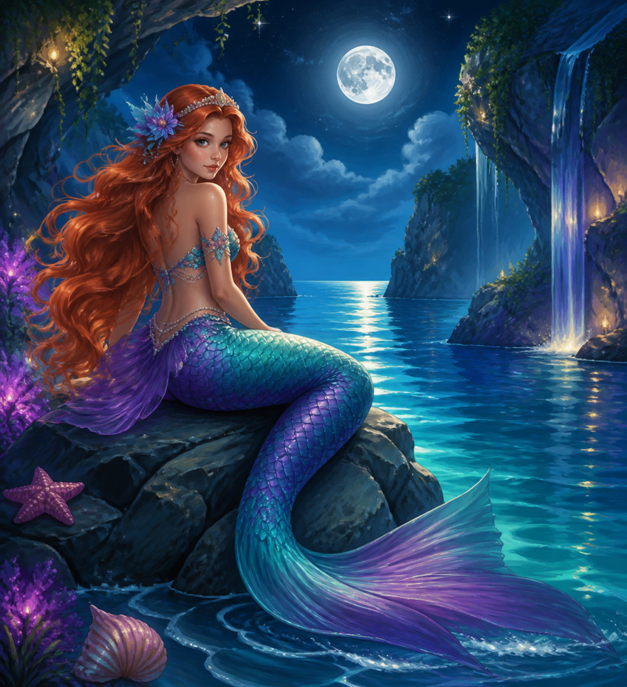 Diamond painting ontwerp met zeemeermin bij de verborgen baai