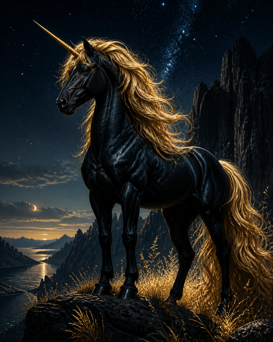 Diamond painting ontwerp met zwarte eenhoorn met gouden manen
