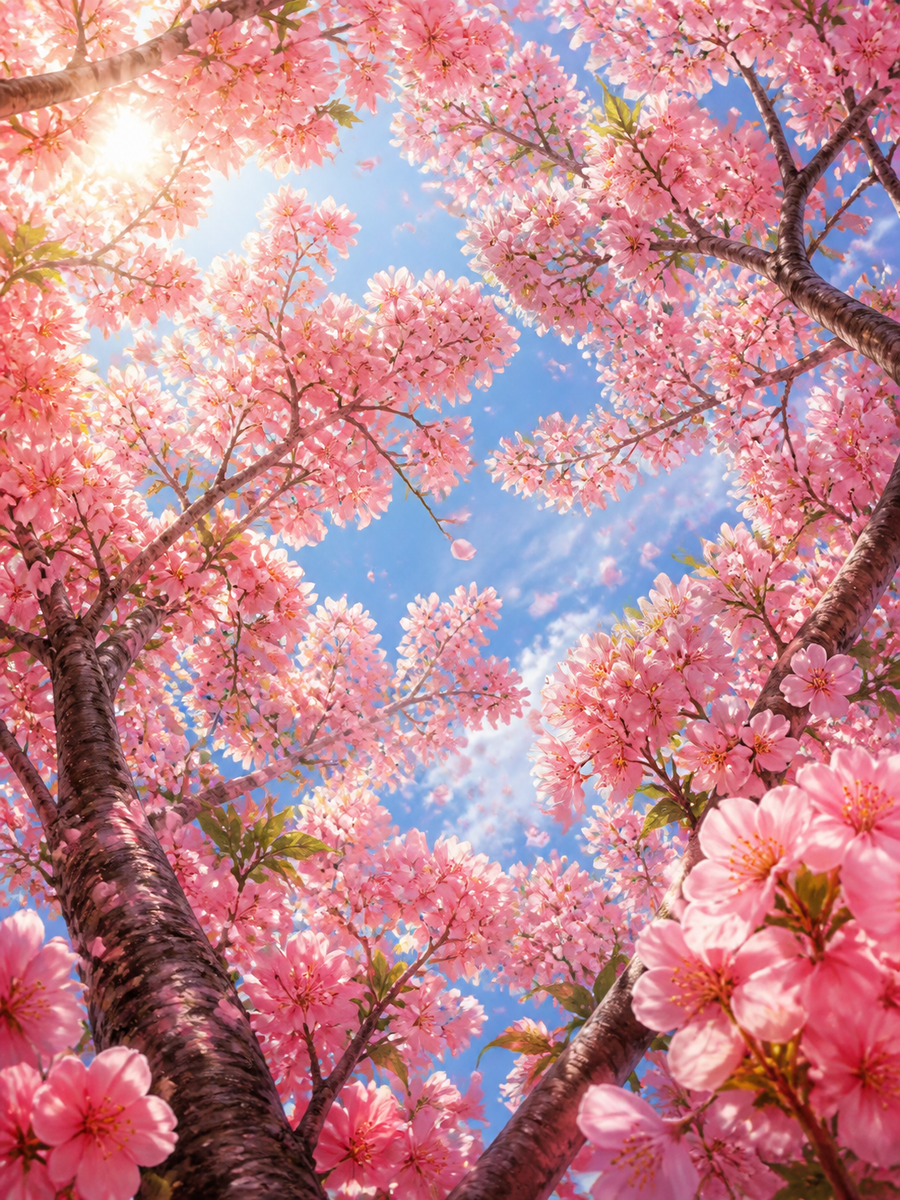 Diamond Painting Roze Bloesemdak in de Lente – een roze bloesemdak tegen een heldere lentelucht