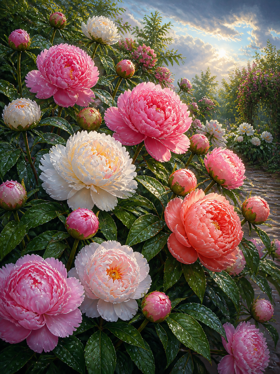 Diamond Painting Pioenrozen na een Zomerbui – een tuin vol pioenrozen na een zachte zomerbui