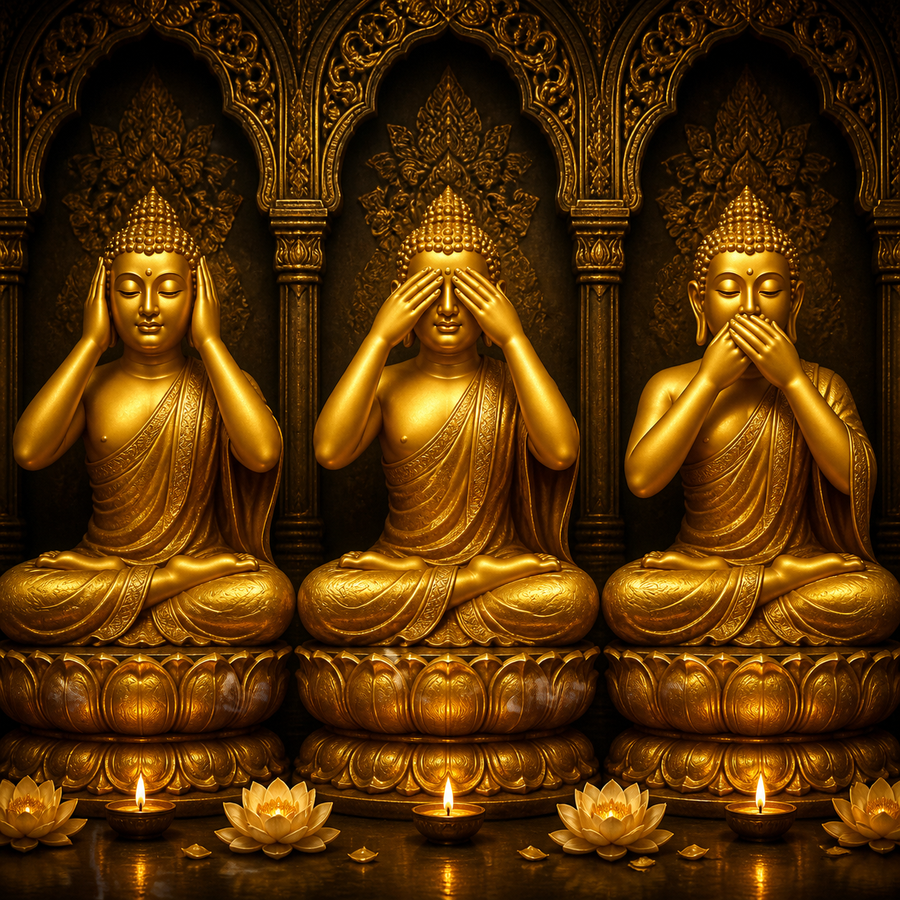 Diamond Painting Boeddha Horen Zien Zwijgen in Goud – volledig Boeddha-ontwerp