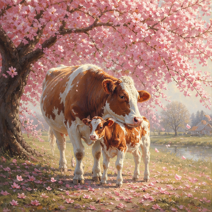Diamond Painting Koe en Kalf onder de Bloesemboom – origineel DPW koeienontwerp