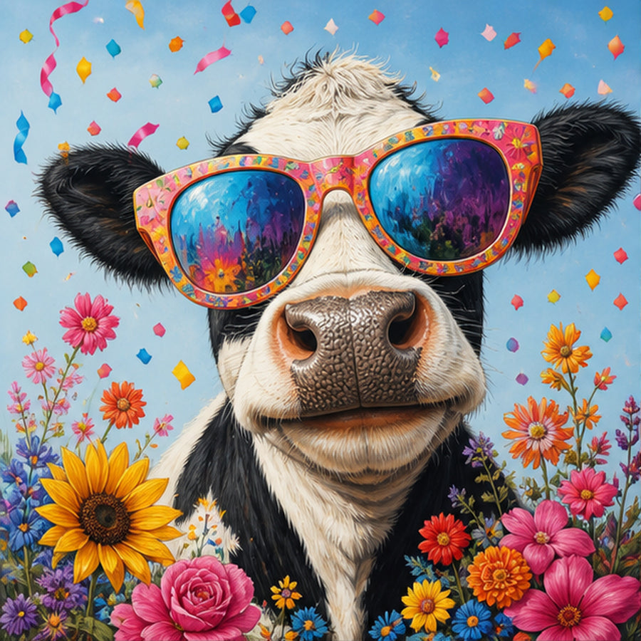 Diamond Painting Vrolijke Koe met Zonnebril – origineel DPW koeienontwerp