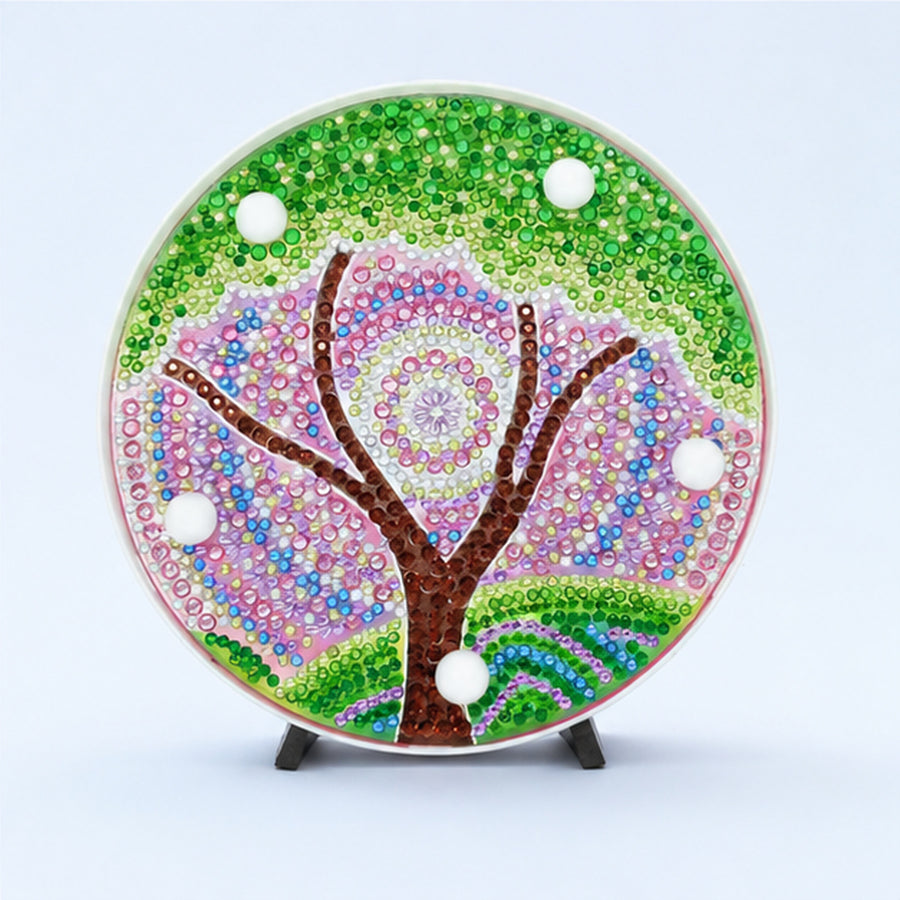 Diamond Painting Rond Lampje Mandala Groene Boom op een lichtblauwe achtergrond