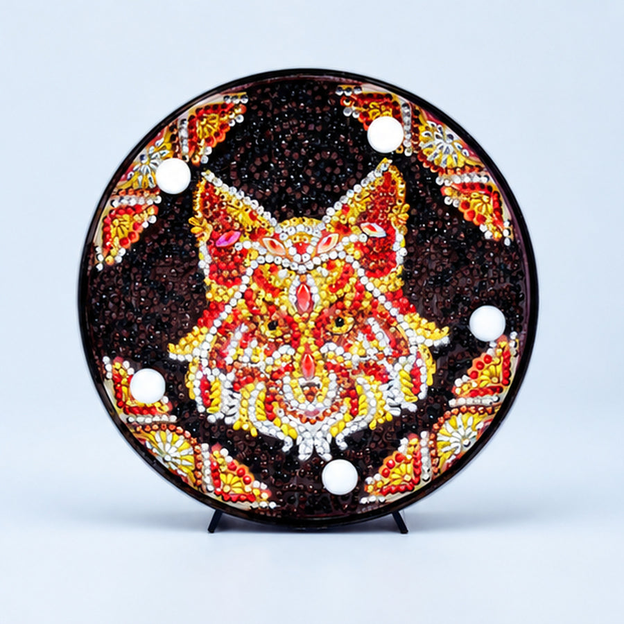 Diamond Painting Rond Lampje Mandala Vos op een lichtblauwe achtergrond
