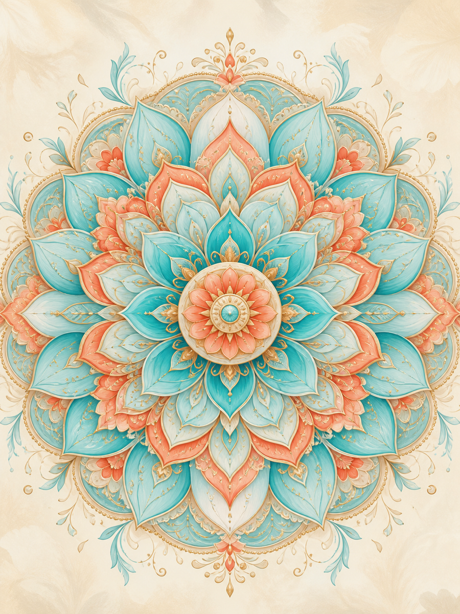 Diamond Painting Mandala Turquoise Koraalrozet – een gelaagde turquoise en koraalkleurige rozet op warm ivoor