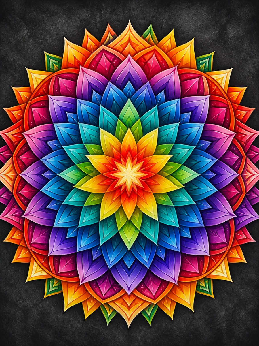 Diamond Painting Mandala Regenboog Prisma – een helder regenboogprisma als geometrische rozet op houtskoolgrijs