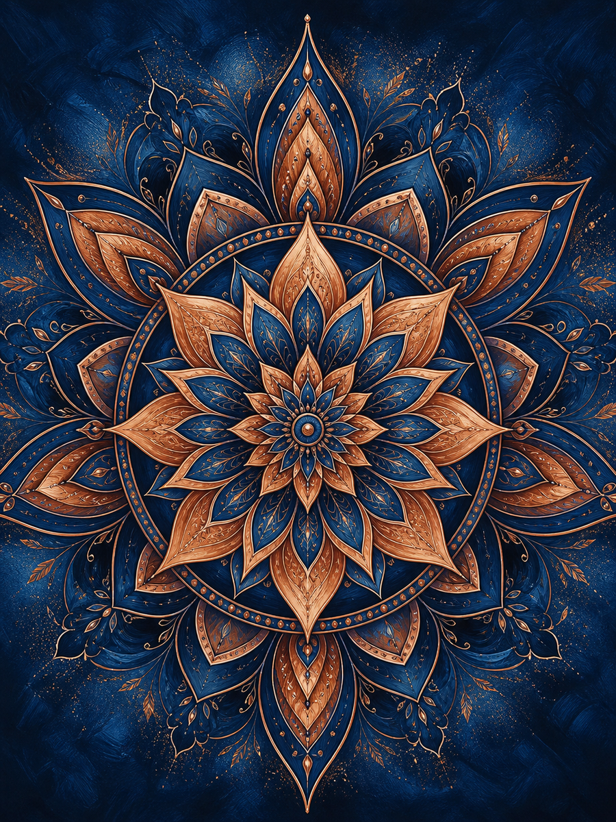 Diamond Painting Mandala Koper Indigo – een koperkleurige bloemster met indigoblauwe lagen