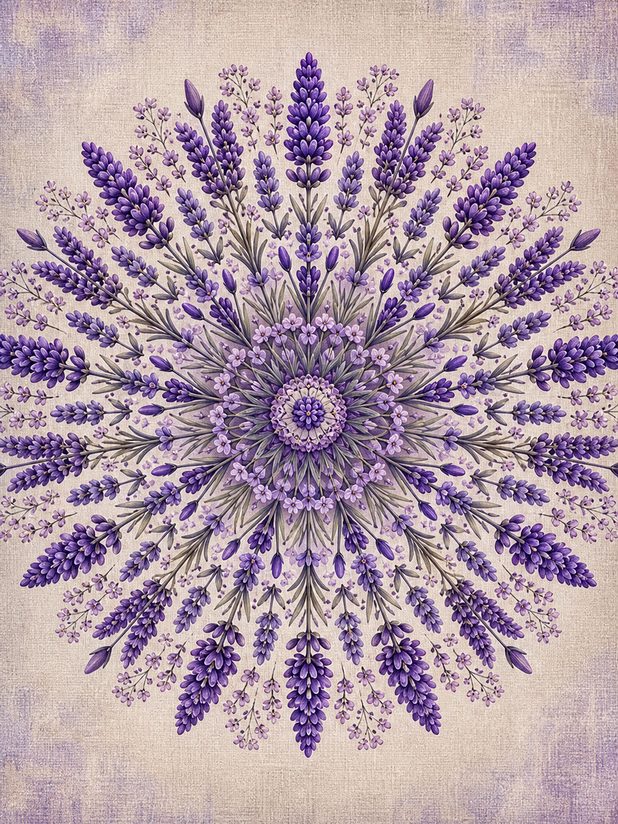 Diamond Painting Lavendel Mandala – een paarse mandala van radiaal gerangschikte lavendeltakken