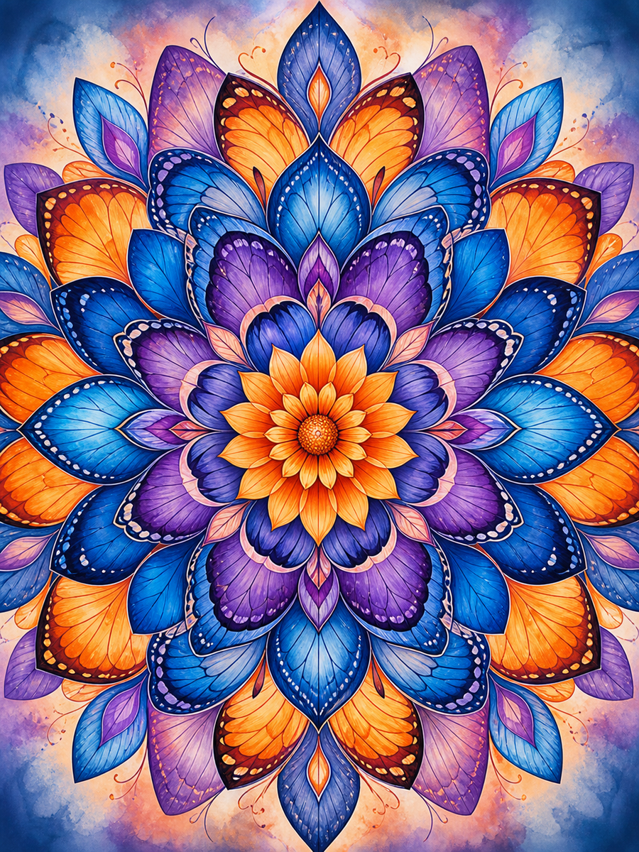 Diamond Painting Vlinder Mandala – een radiale mandala gevormd door kleurrijke vlindervleugels