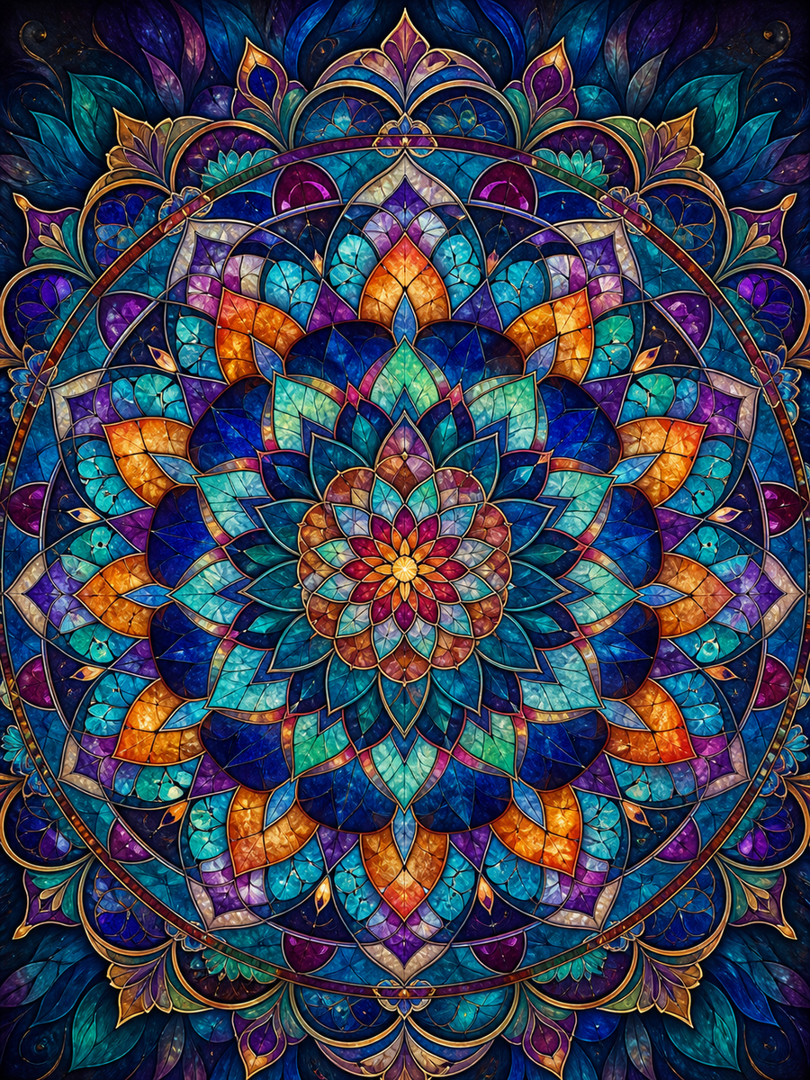 Diamond Painting Grote Juweelmozaïek Mandala – een complexe juweelkleurige kaleidoscoop met glasachtige mozaïekvlakken