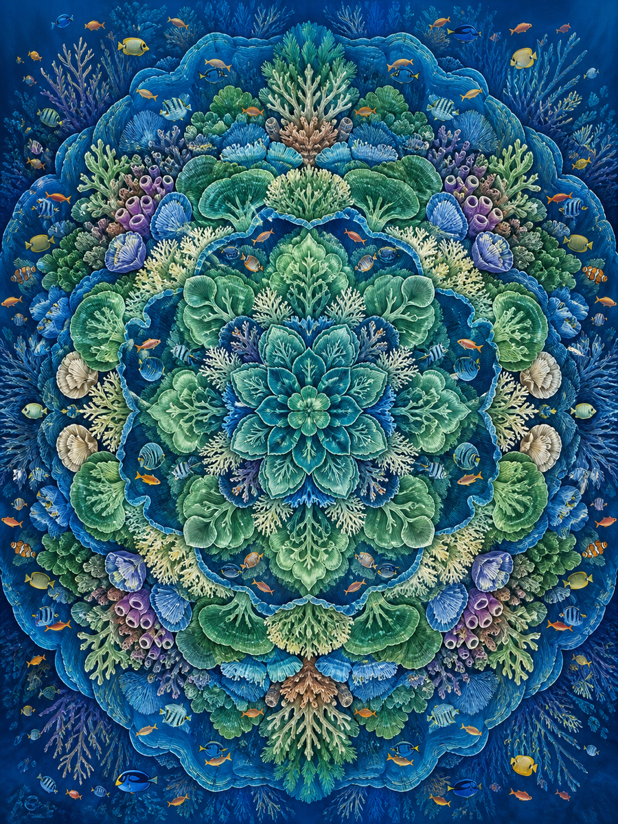 Diamond Painting Grote Koraalrif Mandala – een zeer gedetailleerde onderwatermandala met een origineel koraalrif
