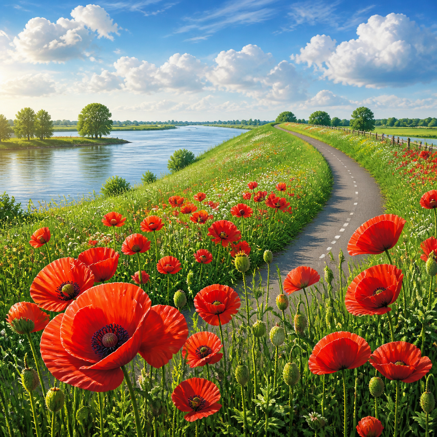 Diamond Painting Klaprozen langs de Rivierdijk – volledig natuurontwerp