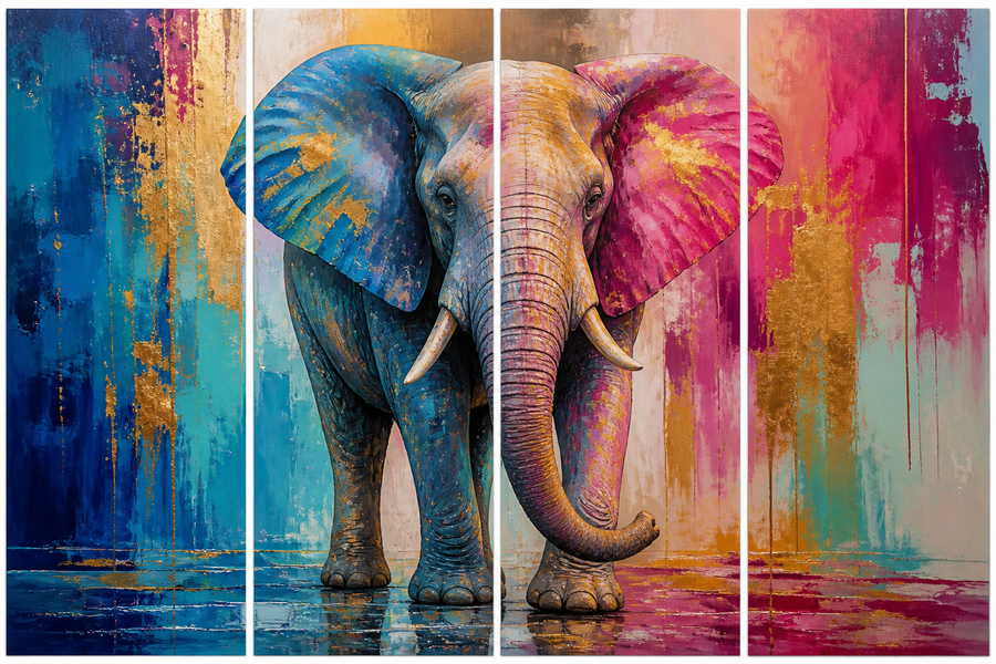 Diamond Painting Kleurrijke Olifant 4-luik – volledig olifantontwerp in 4 panelen