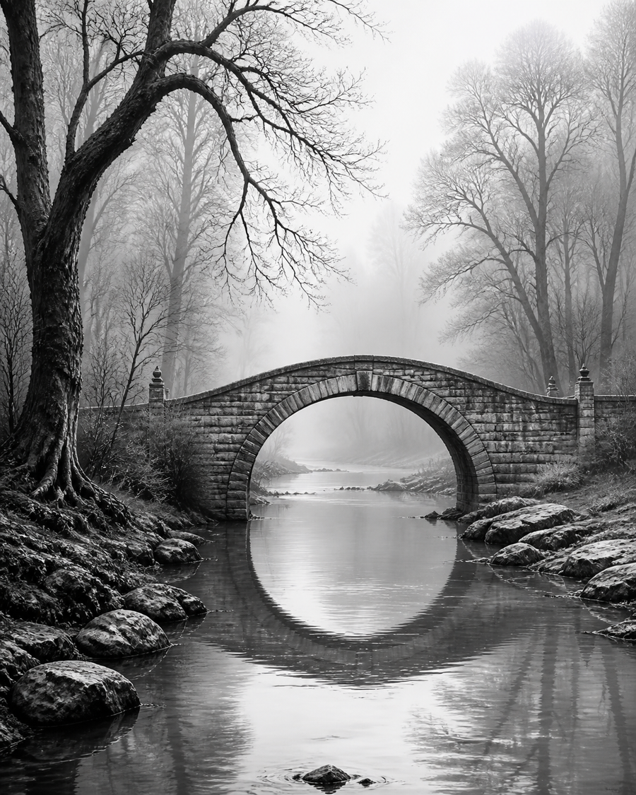 Diamond Painting Brug in de Nevel Zwart Wit – volledig zwart-witontwerp