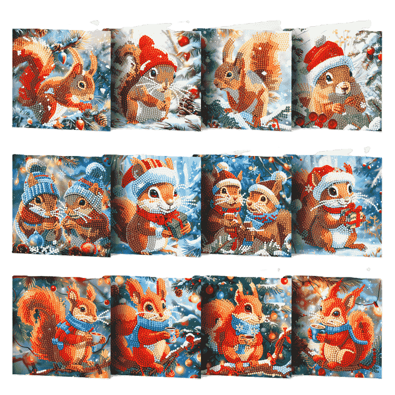 diamond painting 12 kerstkaarten - kerst eekhoorn set – afbeelding 1
