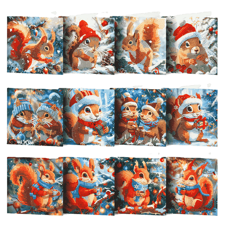 diamond painting 12 kerstkaarten - kerst eekhoorn set – afbeelding 1