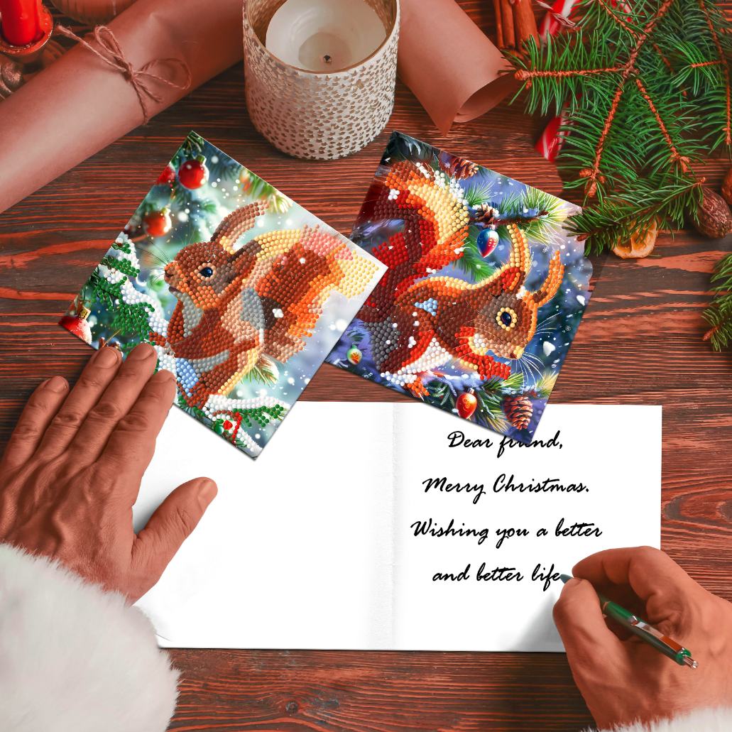 diamond painting 12 kerstkaarten - kerst eekhoorn set – afbeelding 3