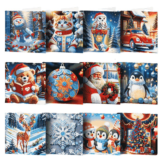 diamond painting 12 kerstkaarten - kerstman & diertjes set – afbeelding 1